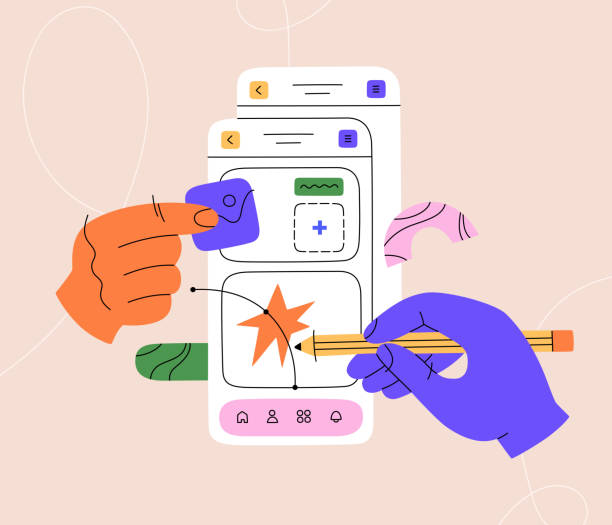 ilustraciones, imágenes clip art, dibujos animados e iconos de stock de manos trabajando en la creación de interfaces para sitios web y aplicaciones móviles. diseño de interfaz de usuario ux - experiencia del usuario