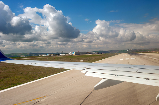 Wing of airplane standby for takeoff