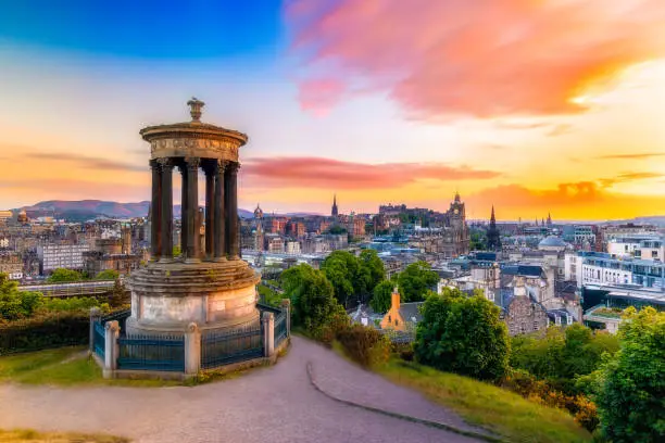 A sunset scene of the very popular Calton Hill in Edinburgh, Scotland