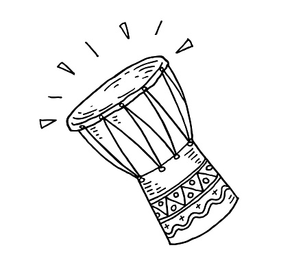 A goblet-shaped hand drum; pencil drawing of djembe. Black and white sketch on a white background.