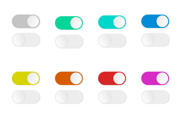 ilustrações de stock, clip art, desenhos animados e ícones de multicolor on and off toggle switch.  slider buttons to turn on and off. colorful toggle switches for user interface on a touchpad device. colored power control switch. vector stock. - sliding control panel control playing