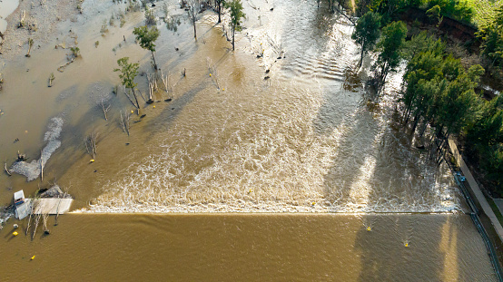 Drone aerial photograph of severe flooding of the Penrith Weir in Nepean River and flood plain in Penrith in New South Wales in Australia