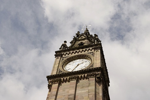 queen's square, belfast, northern ireland, united kingdom - august 8, 2022 : albert memorial clock tower