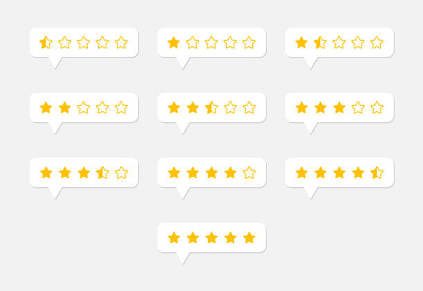 Star rating icons on gray background. One to five star halfling feedback, review, rate us symbols. One to five full and half full stars.