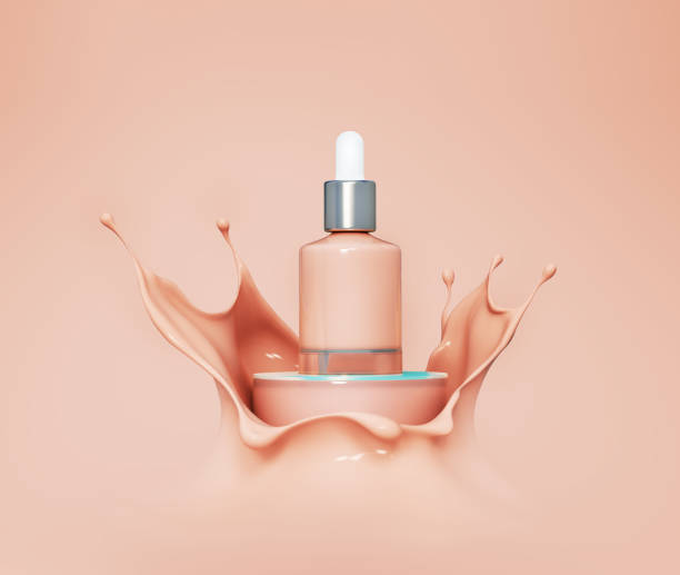 istock Blank cosmetics skincare product or packaging for mock up. Liquid makeup foundation bottle with cosmetic cream splash. Cosmetic product template. Dropper for branding on podium in pink liquid splash. 3d rendering. 1413682206