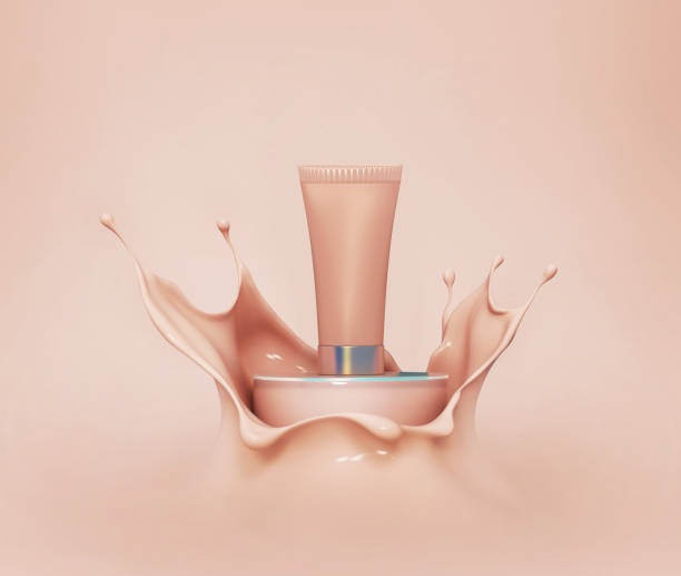 istock Liquid makeup foundation Bottle with Cosmetic foundation cream splash. 3d rendering. 1413682211