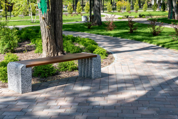 istock Landscape design, garden architecture. Bench, alleys and pedestrian paths in square or park on sunny summer day. Place of rest and walking 1413683825