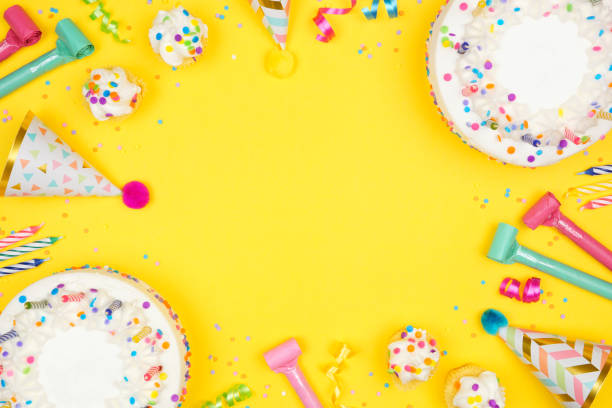 istock Birthday party frame on a yellow background 1413684500