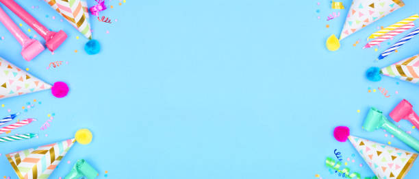 istock Birthday party banner with double border on a blue background 1413684515