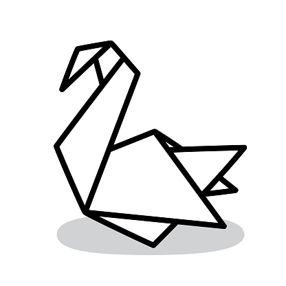 Vector illustration of a hand drawn black and white origami swan against a white background.