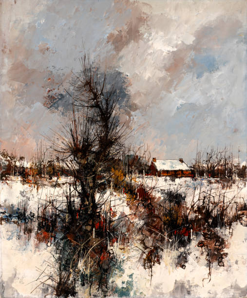 ilustrações, clipart, desenhos animados e ícones de paisagem rural na pintura a óleo do inverno - backgrounds canvas cold color image