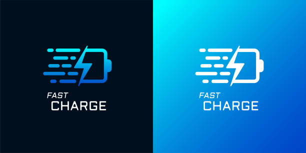 Fast electric charging Fast electric charging. Battery with lightning quick electrical power charger brand identity symbol. phone charging station icon stock illustrations