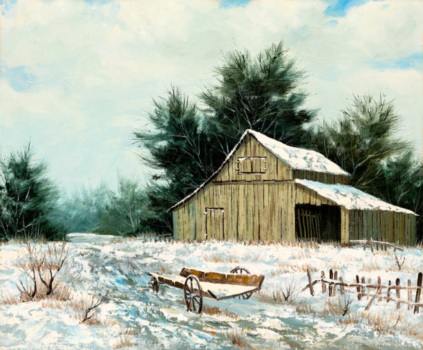 Winter Landscape and Wooden Wagon Oil Painting Oil painting of an old barn house and wooden wagon in winter landscape. Christmas Holiday or Old West concept. christmas oil painting stock illustrations