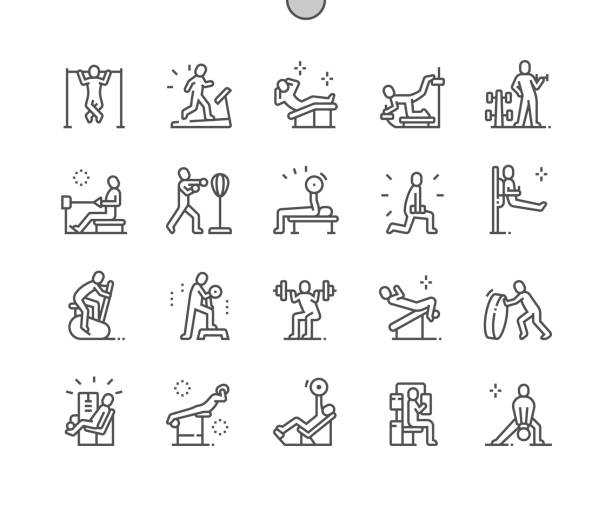 Gym workout people. Human making sport exercises. Fitness. Healthy lifestyle. Training apparatus. Pixel Perfect Vector Thin Line Icons. Simple Minimal Pictogram Gym workout people. Human making sport exercises. Fitness. Healthy lifestyle. Training apparatus. Pixel Perfect Vector Thin Line Icons. Simple Minimal Pictogram woman on exercise machine stock illustrations