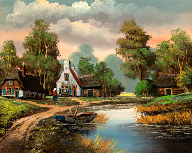 illustrations, cliparts, dessins animés et icônes de vintage idyllic country cottage et log cabin peinture à l’huile - paintings canvas cottage painted image