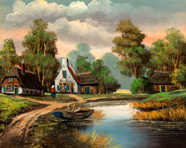 vintage idylliczna wiejska chata i bali domek olejny - paintings canvas cottage painted image stock illustrations