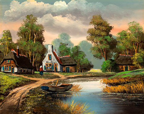 Vintage oil painting depicting idyllic cottages and log cabins by a lake, reed grass, and a wooden boat.
