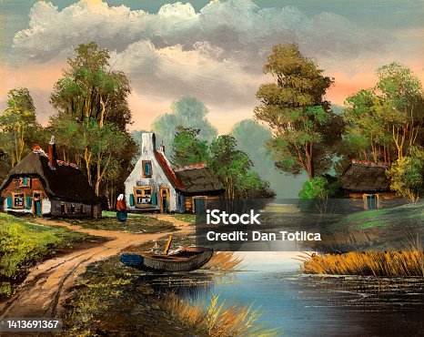 istock Vintage Idyllic Country Cottage and Log Cabin Oil Painting 1413691367