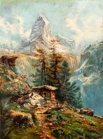 Close-up of vintage oil painting depicting log cabins and majestic snow covered mountains landscape.