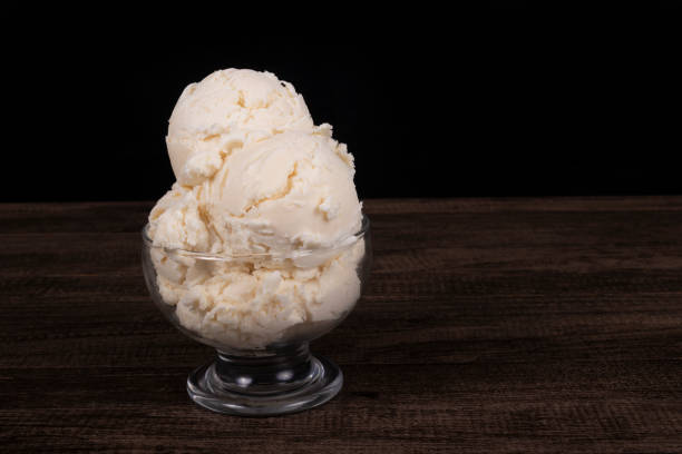 istock Tasty White cream flavored ice cream. Served in a glass bowl. Elements left aligned with empty space on the right. 1413692443