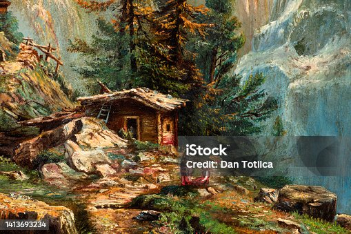 istock Close-up of majestic Mountain Landscape with Log Cabins Vintage Oil Painting 1413693234