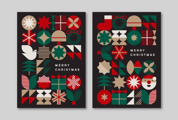 Holiday greeting card design template with mid-century modern graphics — Aster System Holiday greeting card design template with mid-century modern graphics — Aster System christmas santa tree stock illustrations