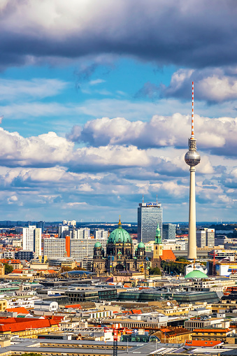 Berlin, Germany - September 22, 2019: Aerial view of Berlin skyline. TV tower (Fernsehturm) at Alexanderplatz and Berliner Dom. Сentral Berlin Mitte in autumn sunny day