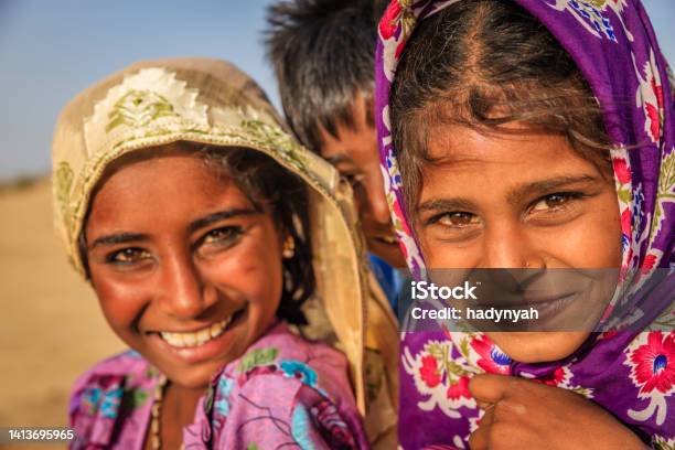 Happy Gypsy Indian Children Desert Village India Stock Photo - Download Image Now - Adult, Asia, Asian and Indian Ethnicities