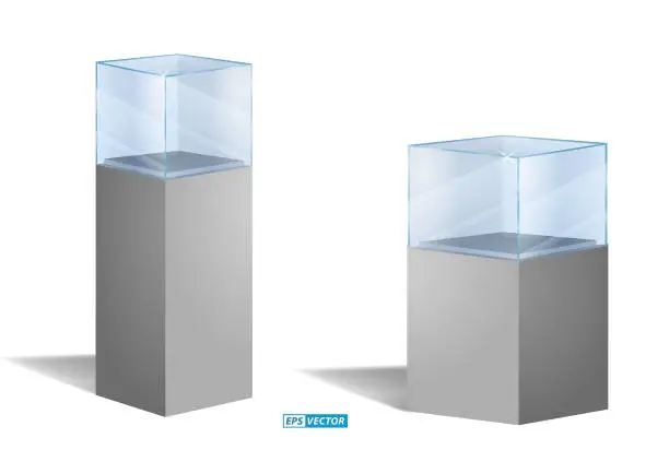 Vector illustration of realistic empty transparent glass box or empty glass cube box showcase or exhibit box transparent background isolated. eps vector