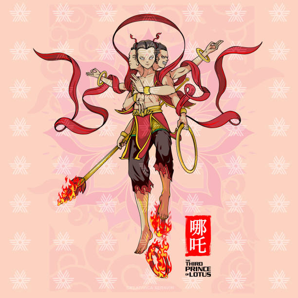 illustrazioni stock, clip art, cartoni animati e icone di tendenza di illustrazione vettoriale di nezha - chinese god