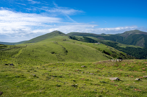 Mountain landscape in Pyrenees on the Camino de Santiago with blue sky and pasture land.