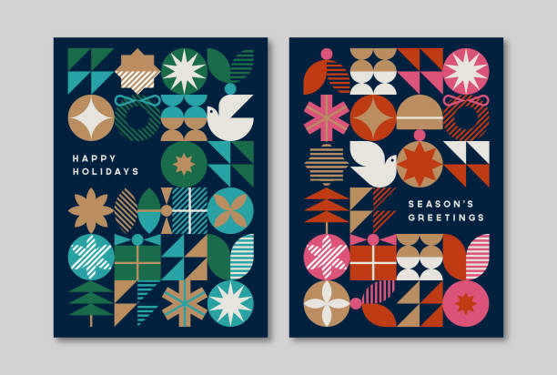 holiday greeting card design template with mid-century modern graphics — aster system - geometrik şekil illüstrasyonlar stock illustrations