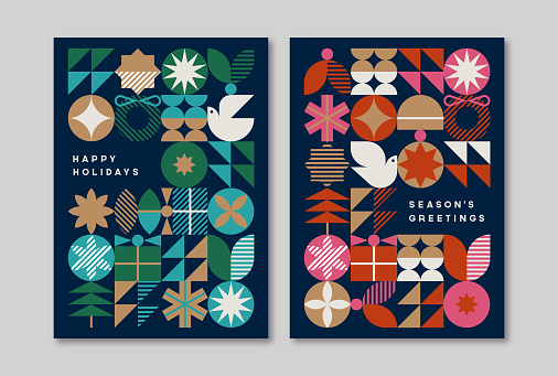 Holiday greeting card design template with mid-century modern graphics — Aster System
