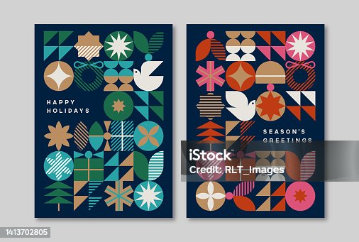 istock Holiday greeting card design template with mid-century modern graphics — Aster System 1413702805
