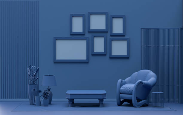 istock Poster frame background room in flat dark blue color with 6 frames, poster frame mock-up 1413703478