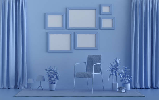 istock Wall mockup with six frames in solid flat pastel light blue color, monochrome interior 1413703489