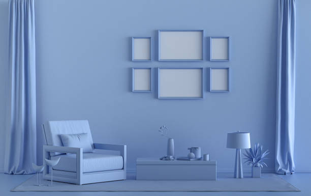 istock Poster frame background room in flat blue color with 6 frames, poster frame mock-up 1413703561