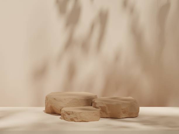 istock Abstract geometric composition with branch and shadow on the wall -3D render, Cosmetic display stand on brown background. 3D rendering 1413703635