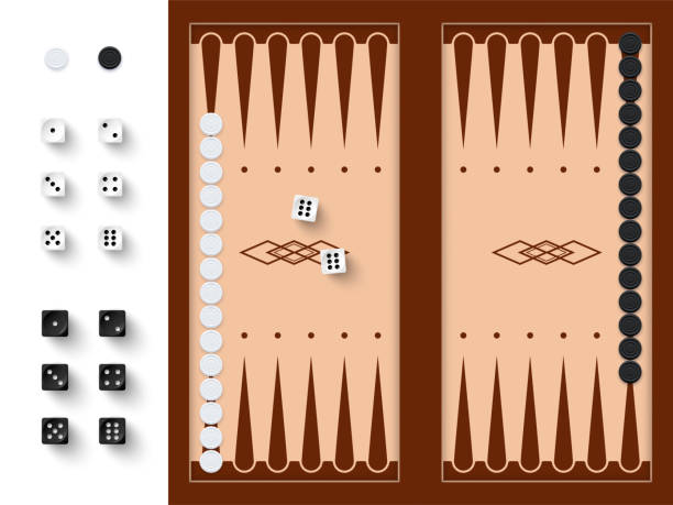 istock Backgammon brown board to play traditional game, dices from one to six dots, wooden box 1413705016