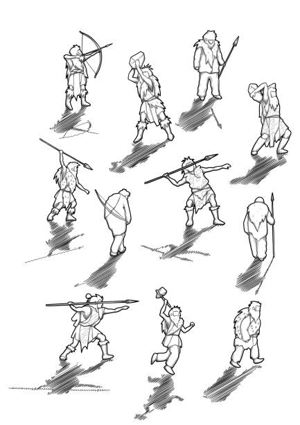 Collection of a graphic cavemen casting shadows Collection of a graphic cavemen casting shadows, hunters and warriors. Vector illustration of the Ice Age spear icon stock illustrations