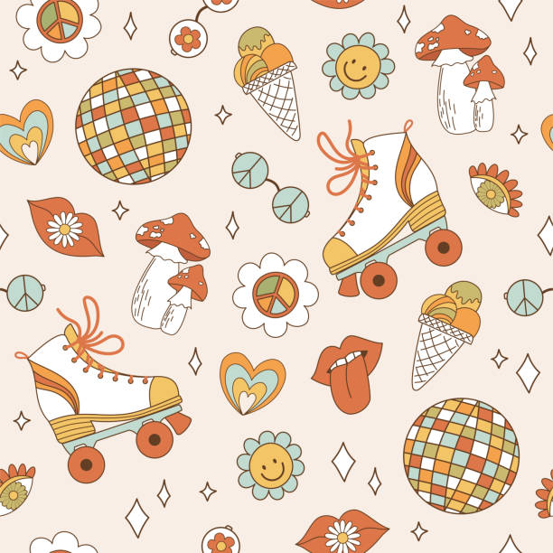 stockillustraties, clipart, cartoons en iconen met seamless pattern retro 1970s hippie. psychedelic groove elements. background with roller skate, mushrooms in vintage style. illustration with positive symbols for wallpaper, fabric, textiles. vector - rolschaatsen ijs of rolschaatsen