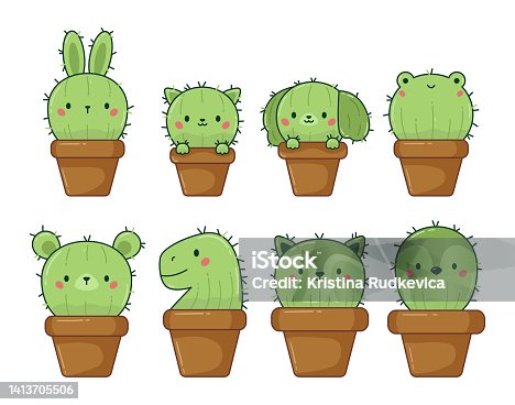 istock Vector illustration of set cute kawaii cactus in flowerpots. 1413705506