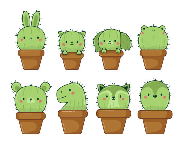 Vector illustration of set cute kawaii cactus in flowerpots. Cartoon doodle plants. Animal shaped cactus. kawaii cat stock illustrations