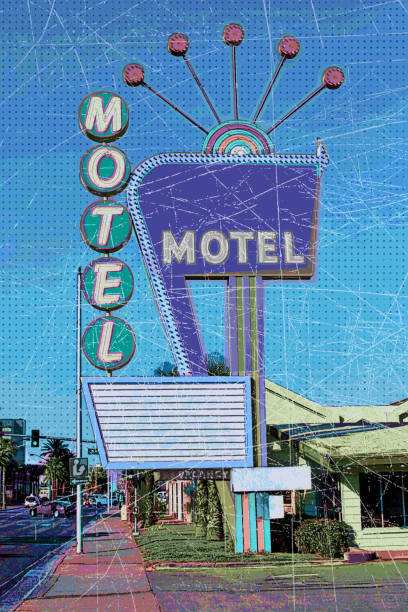 ilustrações de stock, clip art, desenhos animados e ícones de vintage motel with glitch technique - sign old fashioned motel sign retro revival