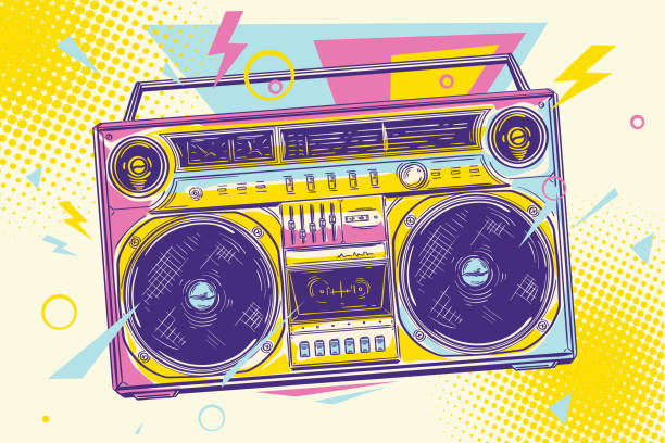 Music design - colorful drawn boom box tape recorder decorative vector artwork boom box stock illustrations