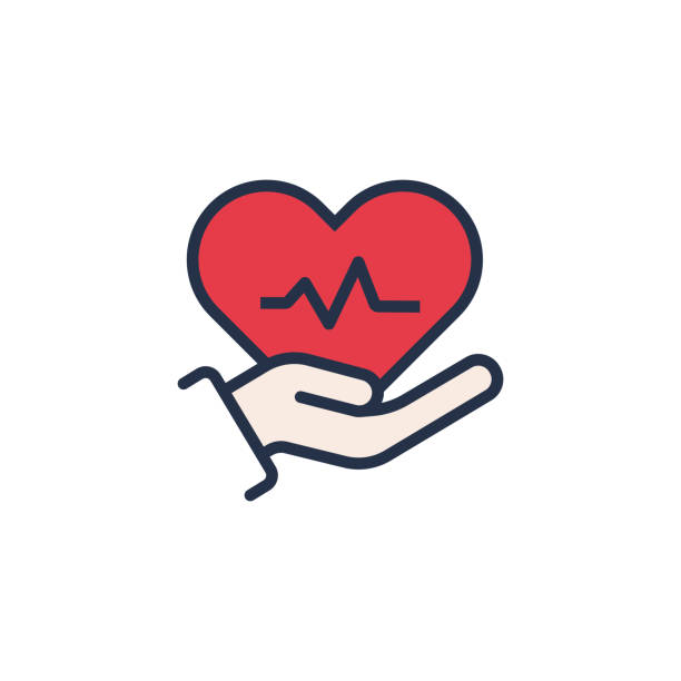 ilustraciones, imágenes clip art, dibujos animados e iconos de stock de icono de latido del corazón sostenido con la mano - pulse trace taking pulse computer monitor healthcare and medicine