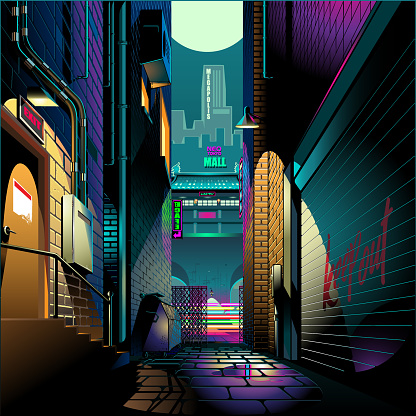 Alley at night cyber punk theme vector illustration background
