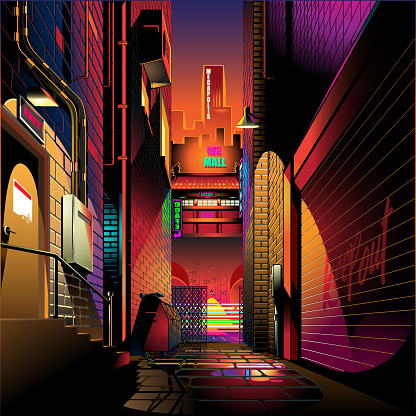 Cyberpunk Alley at dusk vector illustration background
