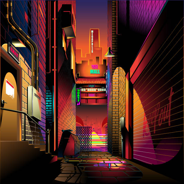Cyberpunk Alley at dusk vector art illustration