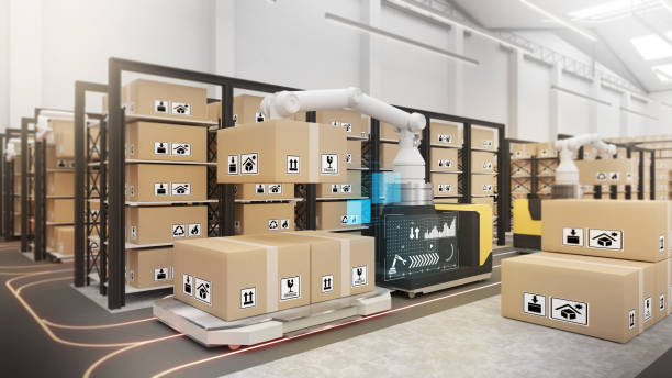 istock Large warehouses use robotic arms and delivery robots to pick up the goods. using automation in product management,The transport vehicle uses a robotic arm., 3D rendering 1413725721